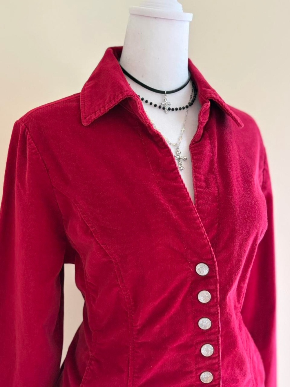 Vintage Y2K red velvet corduroy jacket vamp cyber subversive grunge blouse S-M - Picture 6 of 11